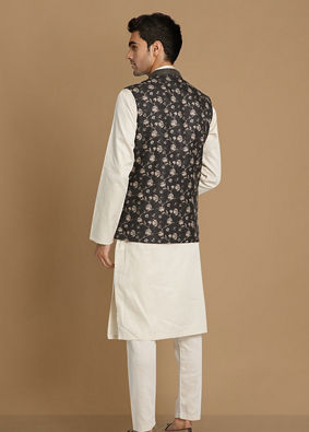 Floral Print Blue Jacket With White Kurta Pajama image number 2